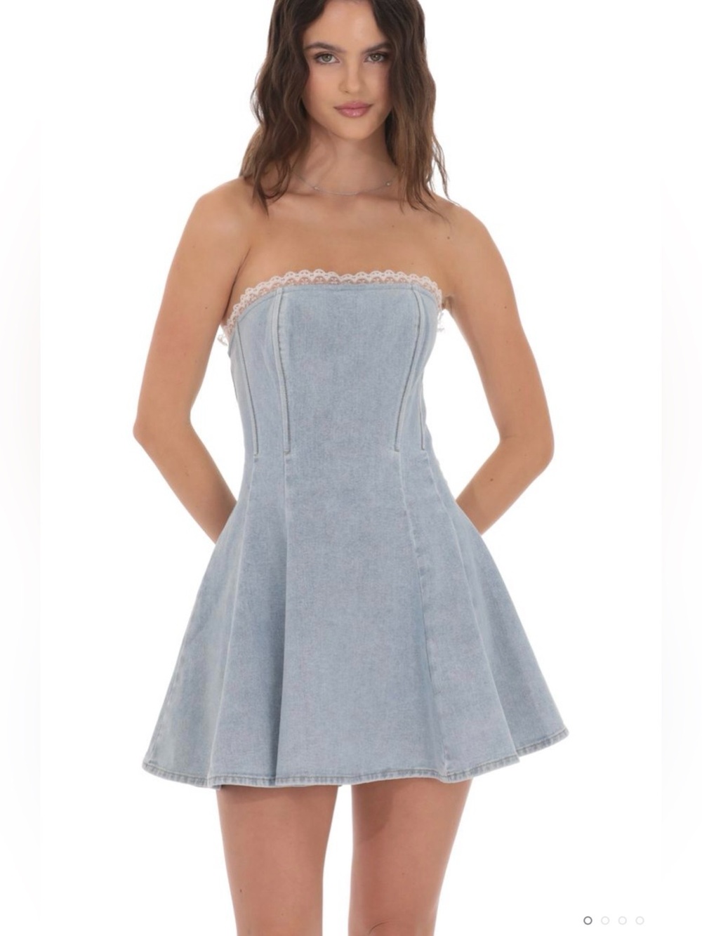 Lucy in the Sky Light Blue Strapless Denim Corset Dress with White Lace Trim